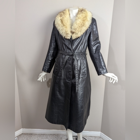 Jackets & Blazers - 1970s leather trench coat with fur collar, penny lane coat, leather jacket